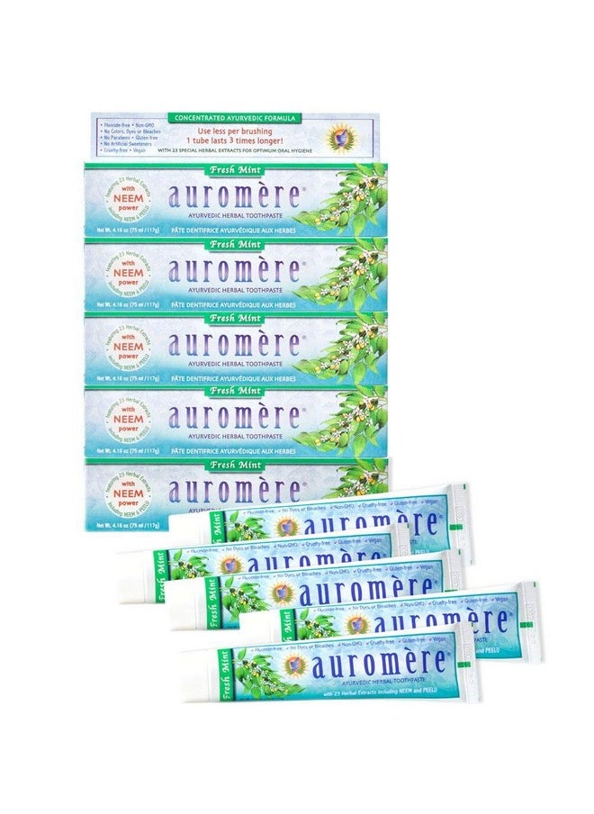 Auromere Ayurvedic Herbal Toothpaste, Fresh Mint - Vegan, Natural, Non GMO, Flouride Free, Gluten Free, with Neem & Peelu (4.16 oz), 5 Pack