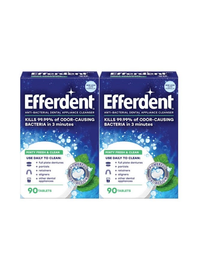 efferdent Retainer Cleaning Tablets, Denture Cleaning Tablets for Dental Appliances, Minty Fresh & Clean, 90 Count, New Packaging - PACKAGING MAY VARY (Pack of 2)