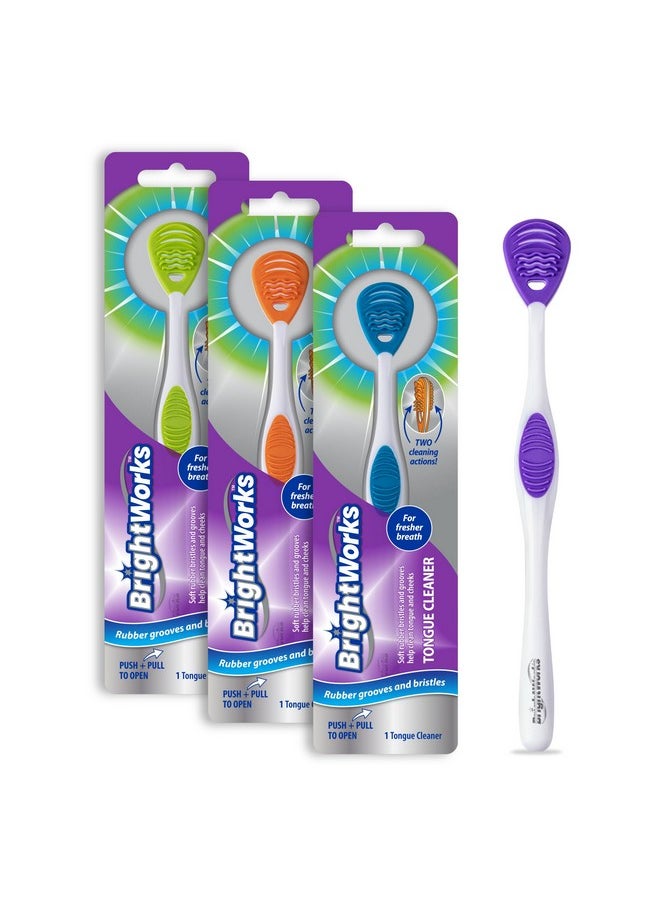 Tongue Cleaner (3-Pack) with Gentle Cheek Scraper. Two-Sided Head with Dual Action Cleaning for Fresh Breath.
