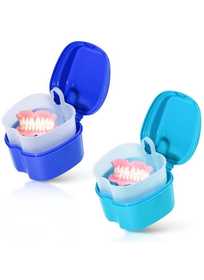 KISEER 2 Pack Colors Denture Bath Case Cup Box Holder Storage Soak Container with Strainer Basket for Travel Cleaning (Light Blue and Blue)
