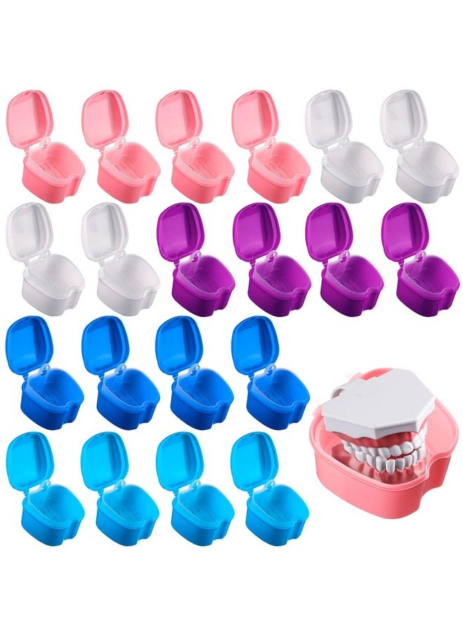Zubebe 20 Pcs Denture Bath Denture Retainer Case Bulk Denture Holder with Strainer Basket Dental Cup Denture Soaking Container False Teeth Storage Box for Travel Cleaning Brace Mouth Guard, 5 Colors