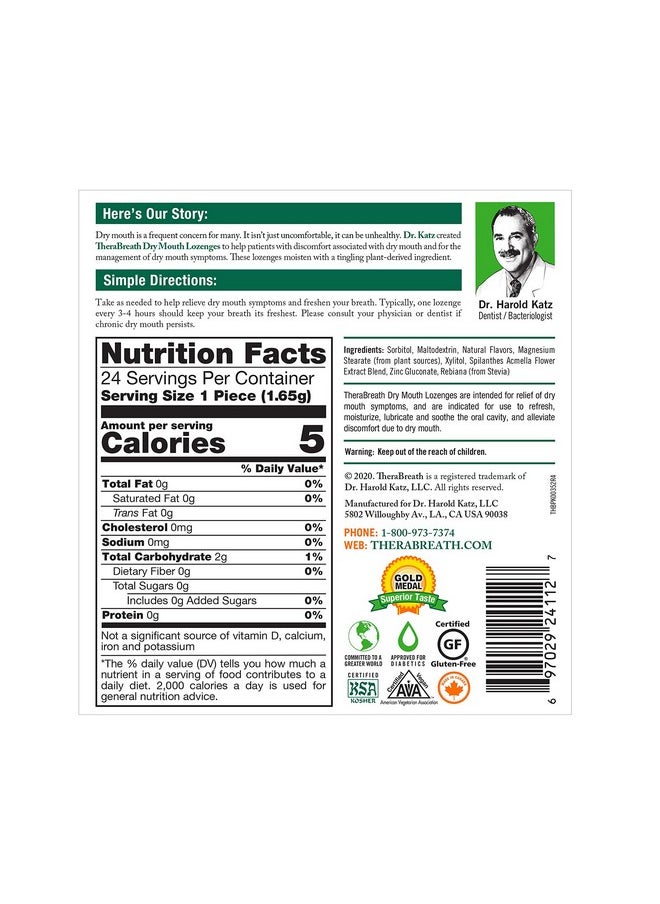 TheraBreath Dry Mouth Dentist Formulated Sugar-Free Lozenges, Mandarin Mint, 24 Count