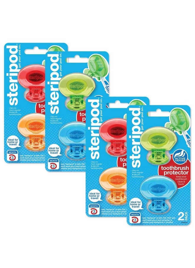 Steripod Clip-On Toothbrush Protector Exclusive Multi Color, 2 Count (Pack of 4)