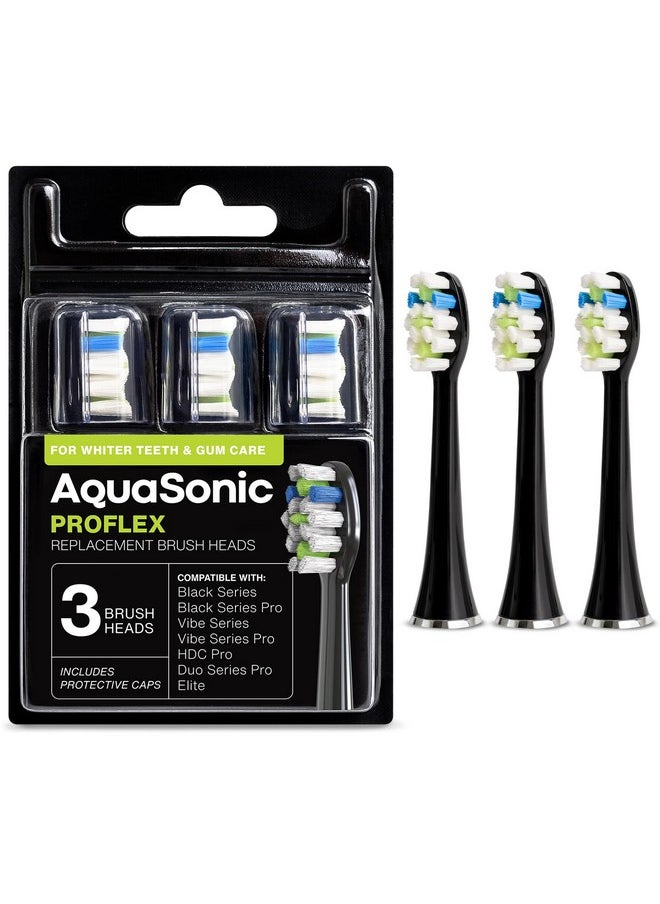 AquaSonic Proflex Replacement Brush Heads | for Whiter Teeth & Gum Care | Compatible with Many AquaSonic Toothbrush Handles (3 Pack Black)