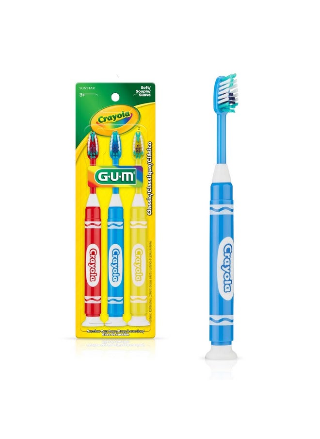 GUM Crayola Marker Children’s Toothbrush, Soft Bristled Kids’ Toothbrush Set Age 3+, Suction Cup Base, 3 Count