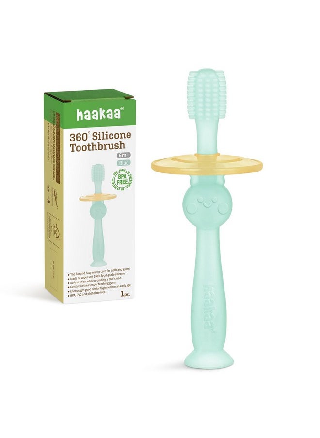 haakaa 360° Baby Toothbrush with Suction Base - Gentle Cleaning for Toddler's Self-Brushing Training, Food-Grade Silicone, Adjustable Safety Shield - Blue (1 Piece)