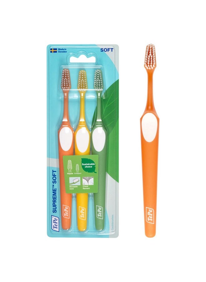 TEPE Supreme Toothbrush, Soft Bristle Toothbrush, Tapered Brush Head for Sensitive Teeth and Gum Care, Adult, 3 Pack