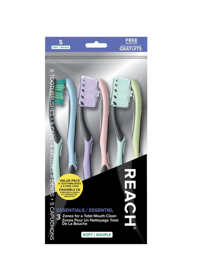 Reach Essentials Toothbrush with Toothbrush Caps, Multi-Zoned Angled Soft Bristles, Contoured Handle, Tongue Scraper, 6 Count