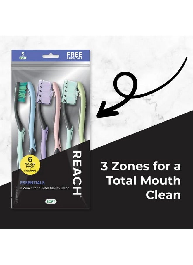 Reach Essentials Toothbrush with Toothbrush Caps, Multi-Zoned Angled Soft Bristles, Contoured Handle, Tongue Scraper, 6 Count