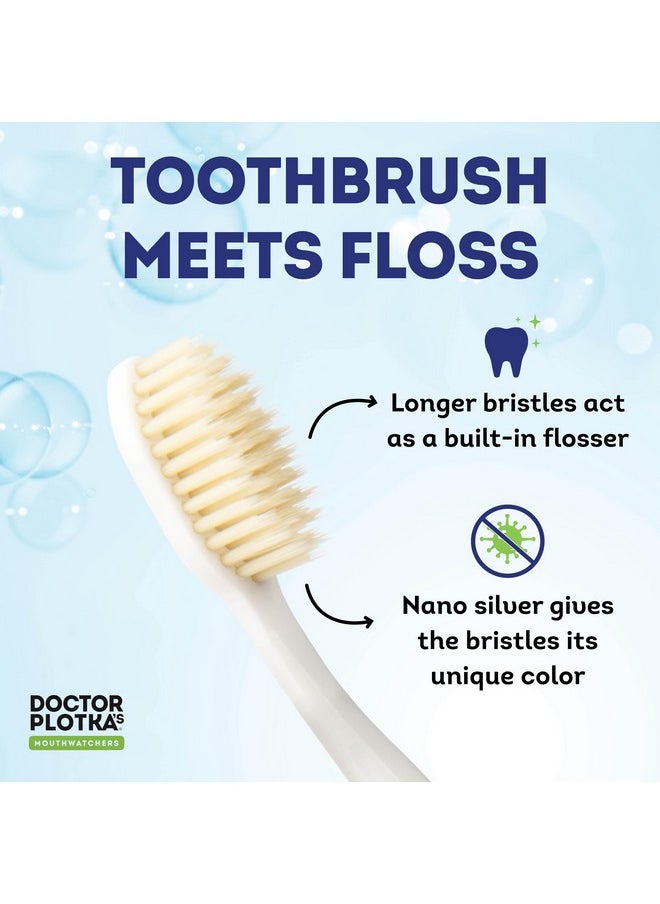 MOUTHWATCHERS Extra Soft Flossing Toothbrush, 2 Pack, Manual Soft Toothbrush for Adults, Ultra Clean, Good for Sensitive Teeth and Gums, by Dr. Plotka's, Colors May Vary