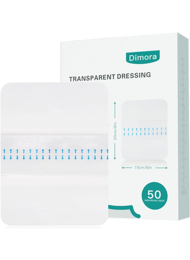 Dimora Waterproof Transparent Film Dressing, Large Clear Wound Bandages 6x8 inch 50 Pack, Post Surgical Skin Protector, Adhesive Medical Pad for Swimming,Showering,Tattoo Aftercare,IV Fixing