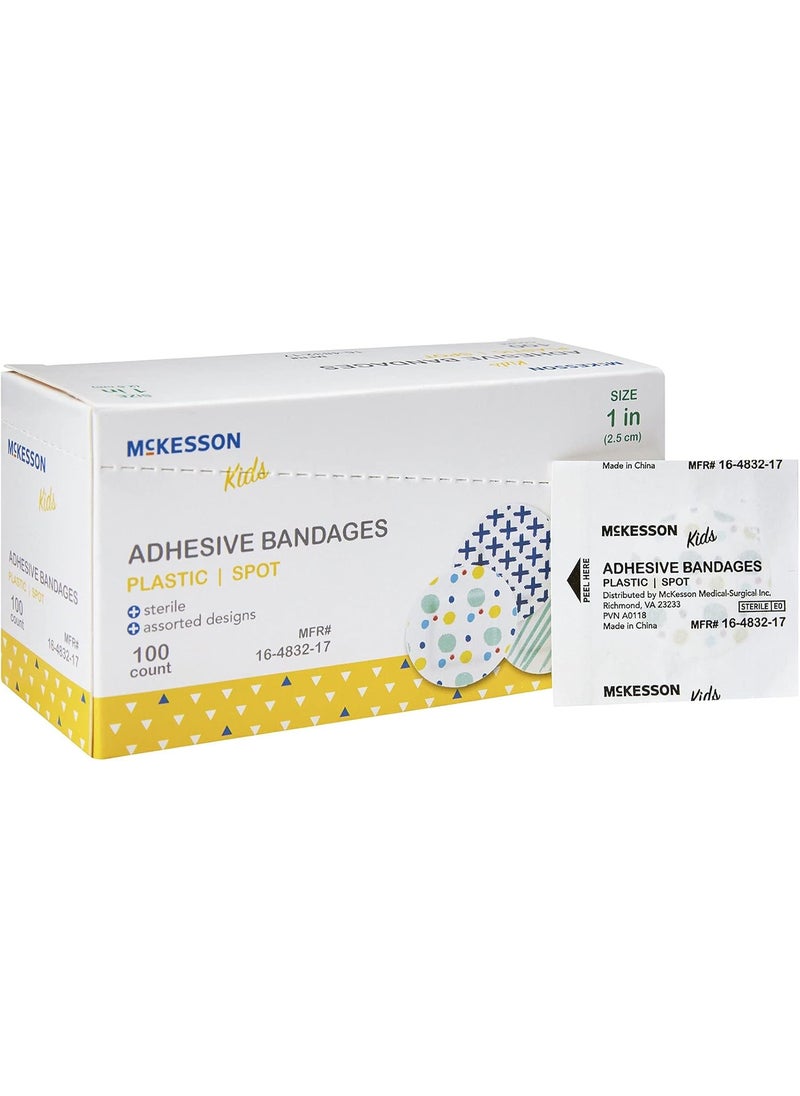 McKesson Kids Adhesive Bandages, Sterile, Plastic Spot, Assorted Print, 1 in, 100 Count, 1 Pack