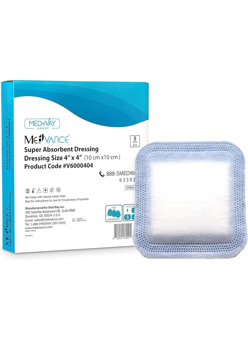 MedVance Super Absorbent Dressing, Non-Adhesive Pads for Wound Care, Pressure Ulcers & 1st/2nd Degree Burns, Superior Moisture Absorption, Box of 5 dressings (4