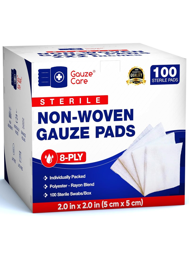 Non-Woven Sterile Gauze Pads 2x2 Pack of 100| 8 ply Gauze Sponges| Individually Packed 2x2 Gauze Pads sterile| Soft and lint-Free Medical Gauze Pads for Enhanced Absorption and First-Aid Wound Care