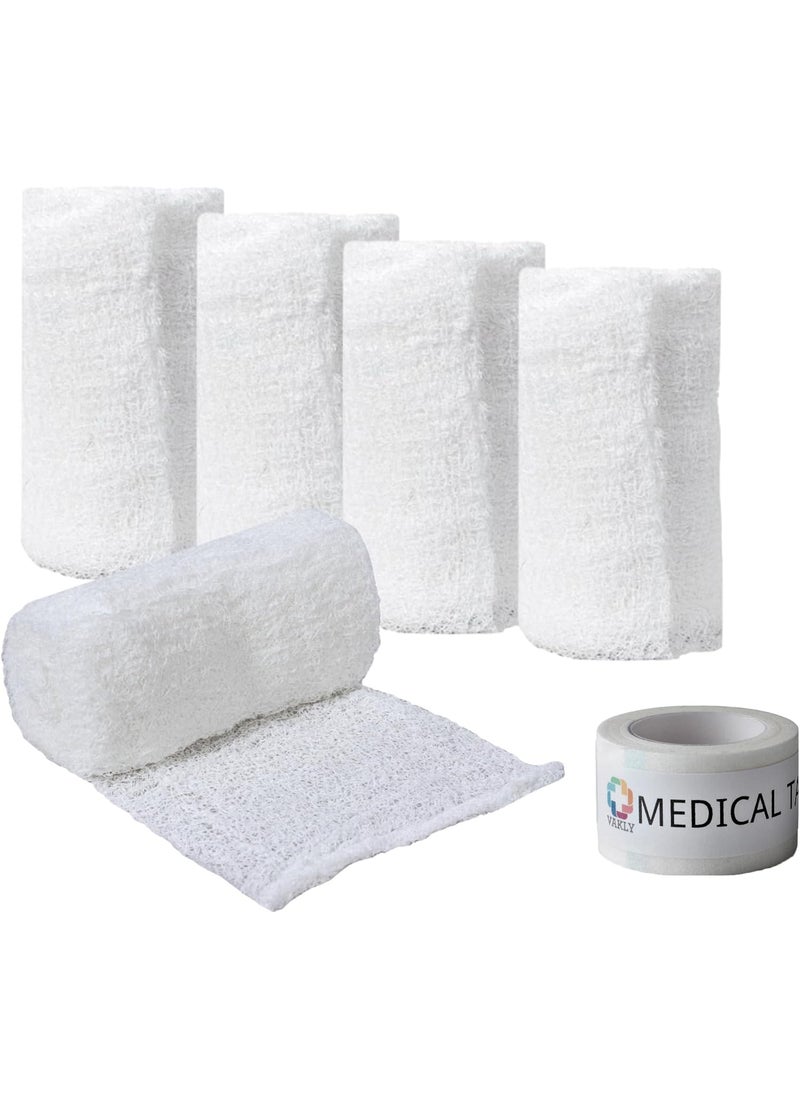 Sterile Krinkle Kerlix Type Gauze Bandage Rolls [Pack of 5] Highly Absorbent Fluff 100% Cotton Bandages Roll 4.5