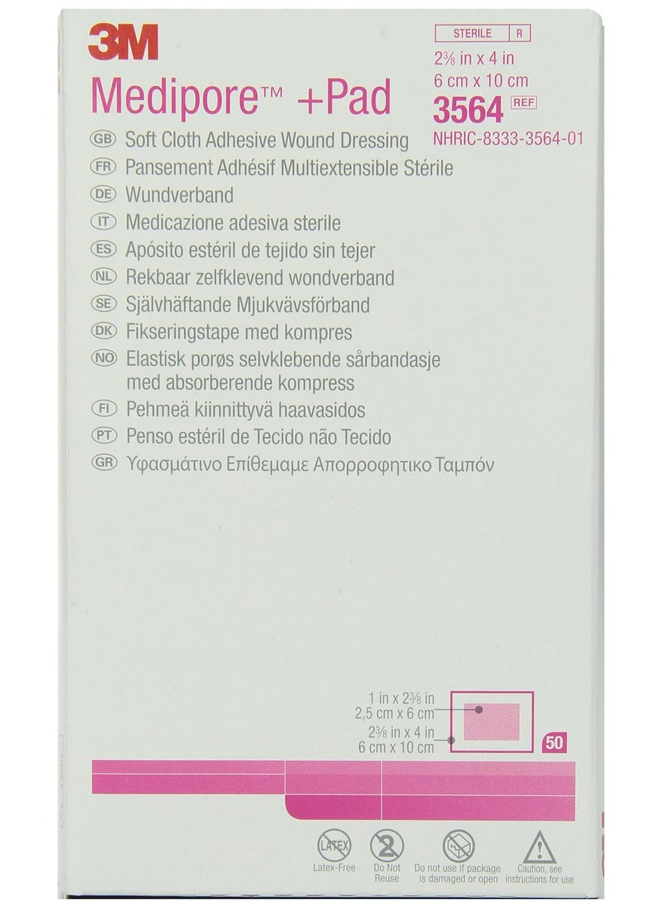 3M Medipore +Pad Soft Cloth Adhesive Wound Dressing 3564, 50 Pads