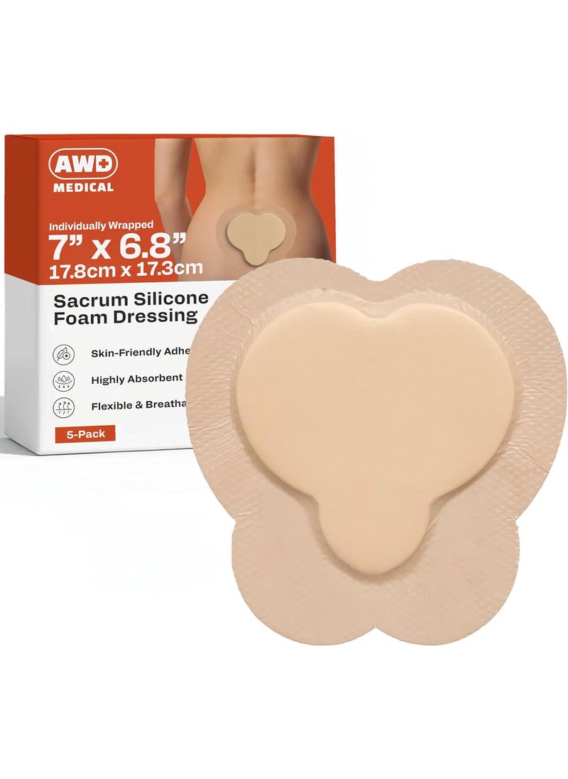 Bordered Sacrum Silicone Foam Dressing for Wound Care - Bed Sore Bandages - Waterproof and Breathable Silicone Bandages, Sacral Foam Dressing Absorbs Moderate to High Exudate - 5 per Box (7