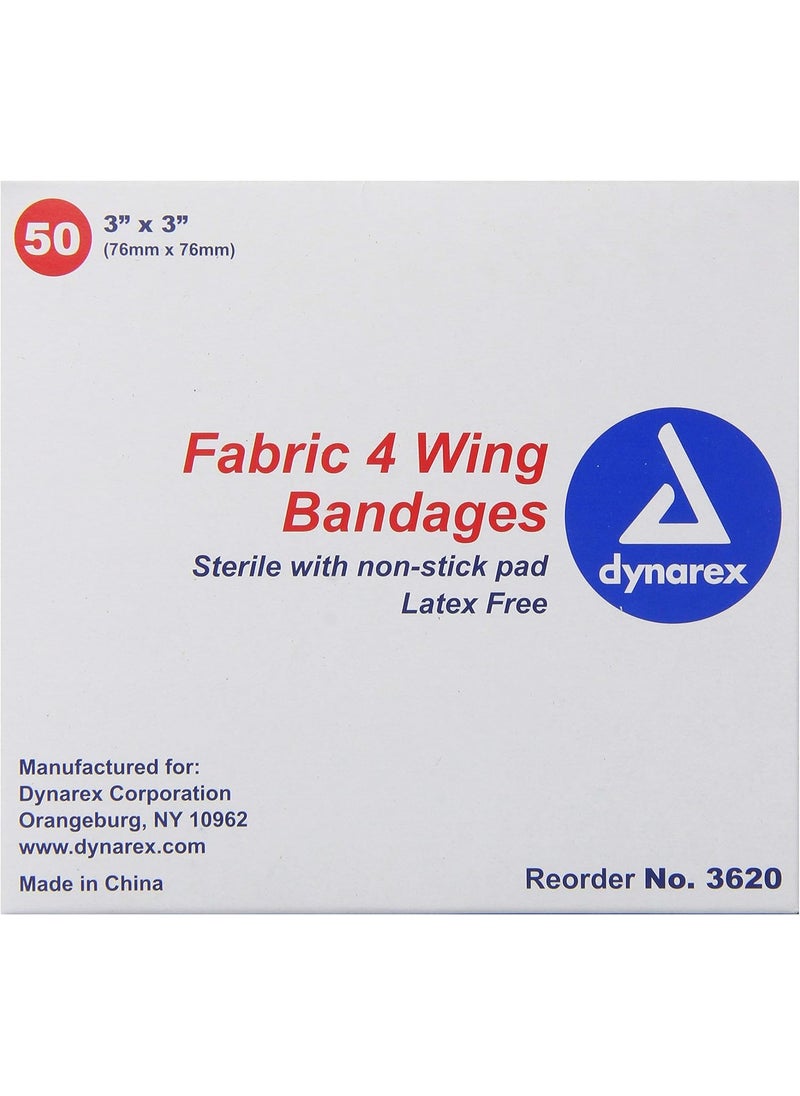 Dynarex Adhesive Fabric Bandage, 3 Inches X 3 Inches Sterile, 4 Wing, 50 Count