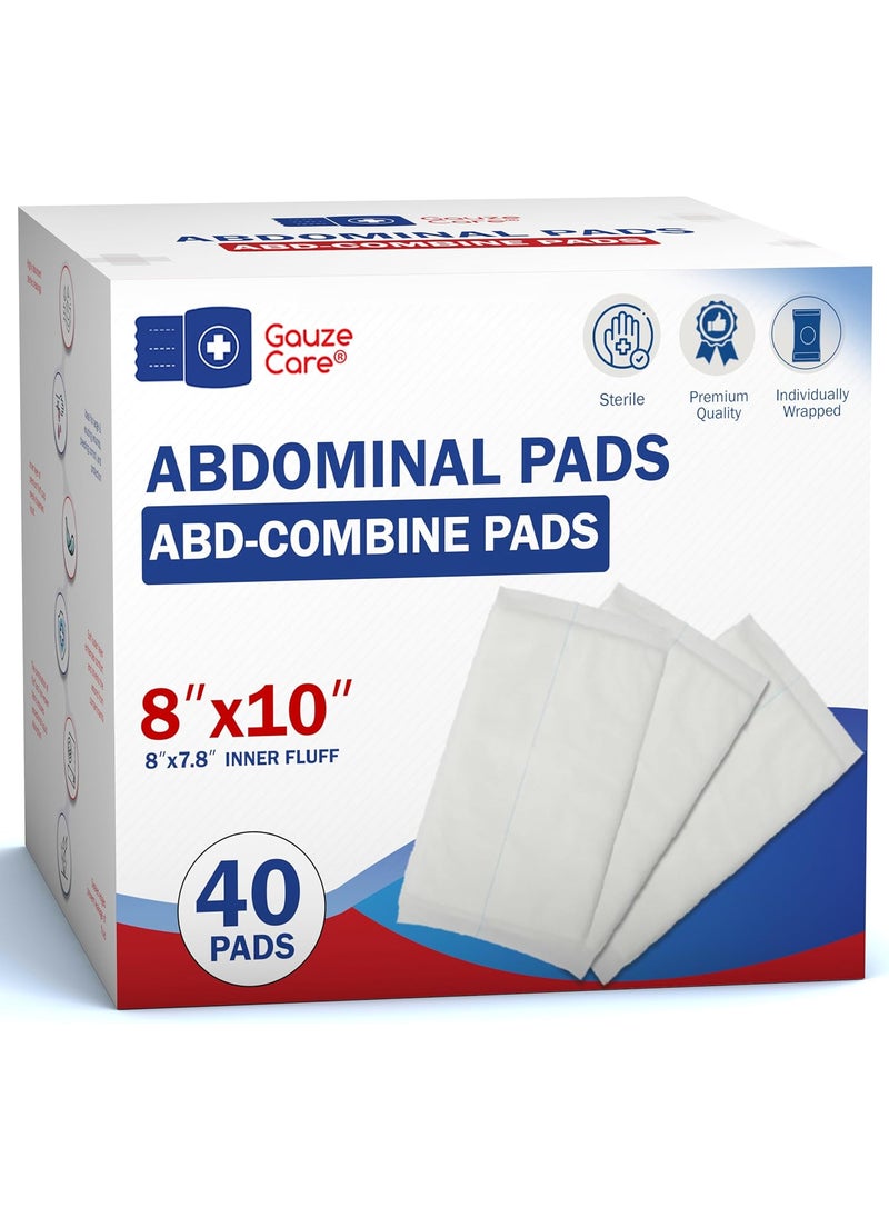 GauzeCare Sterile Abdominal- ABD Combine Pads| 40-Pack, 8x10 Inches| Extra Absorbent & Thick, Individually Wrapped Wound Dressing, First Aid Pads| Surgical-Grade, Nonstick- for Heavy Leakage, Post Op