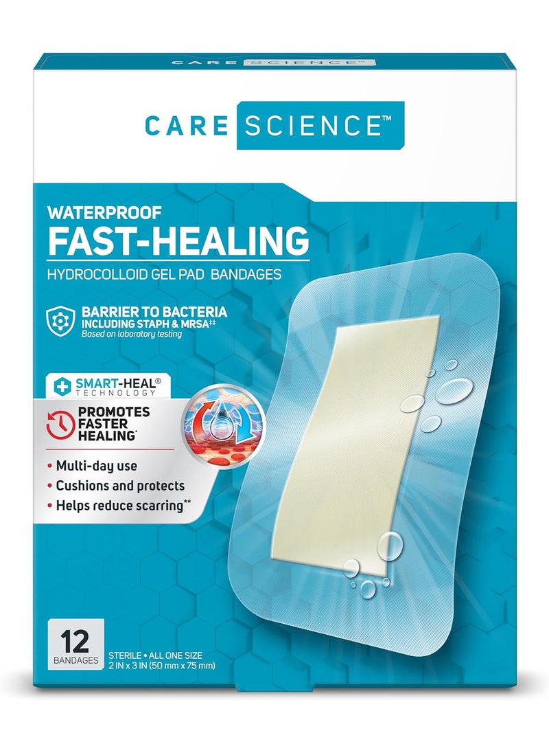 Care Science Fast-Healing Waterproof Hydrocolloid Gel Pad Bandages, XL, 2 in x 3 in, 12 ct | 100% Waterproof Seal, for Blisters or Wound Care
