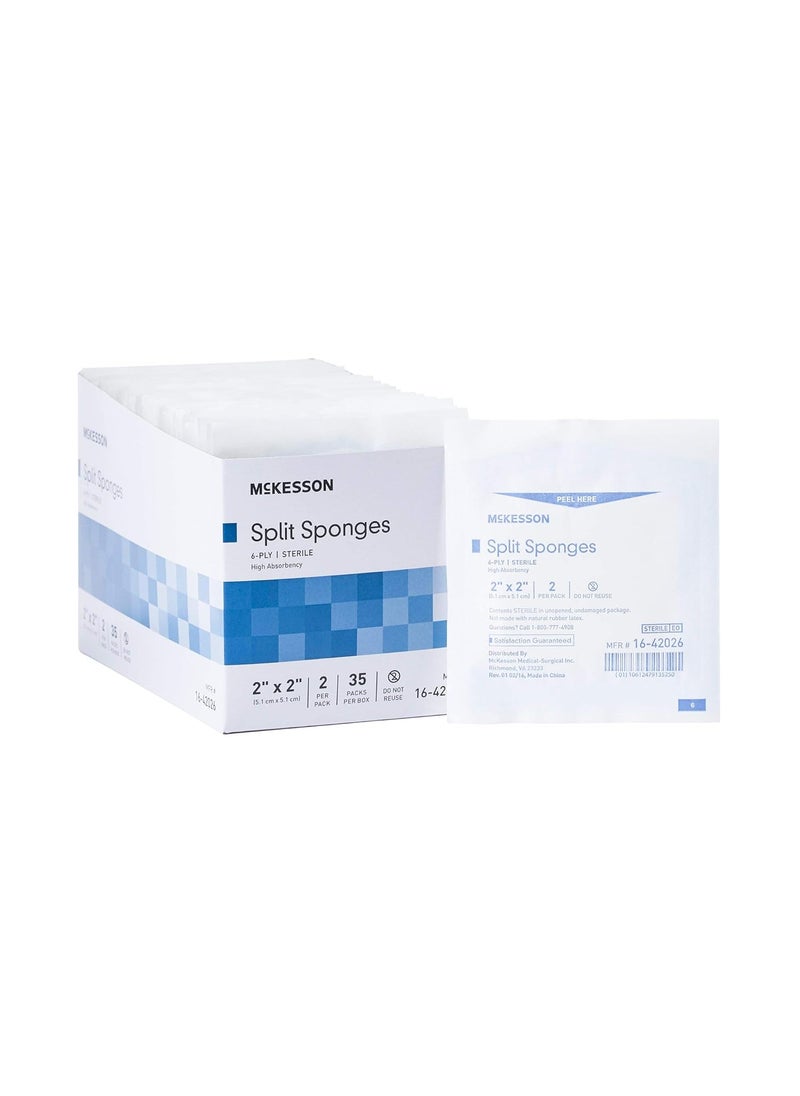 McKesson Split Sponges, 6-Ply Sterile, I.V. and Tracheostomy Dressings, Polyester / Rayon Blend, 2 in x 2 in, 2 per Pack, 1 Pack