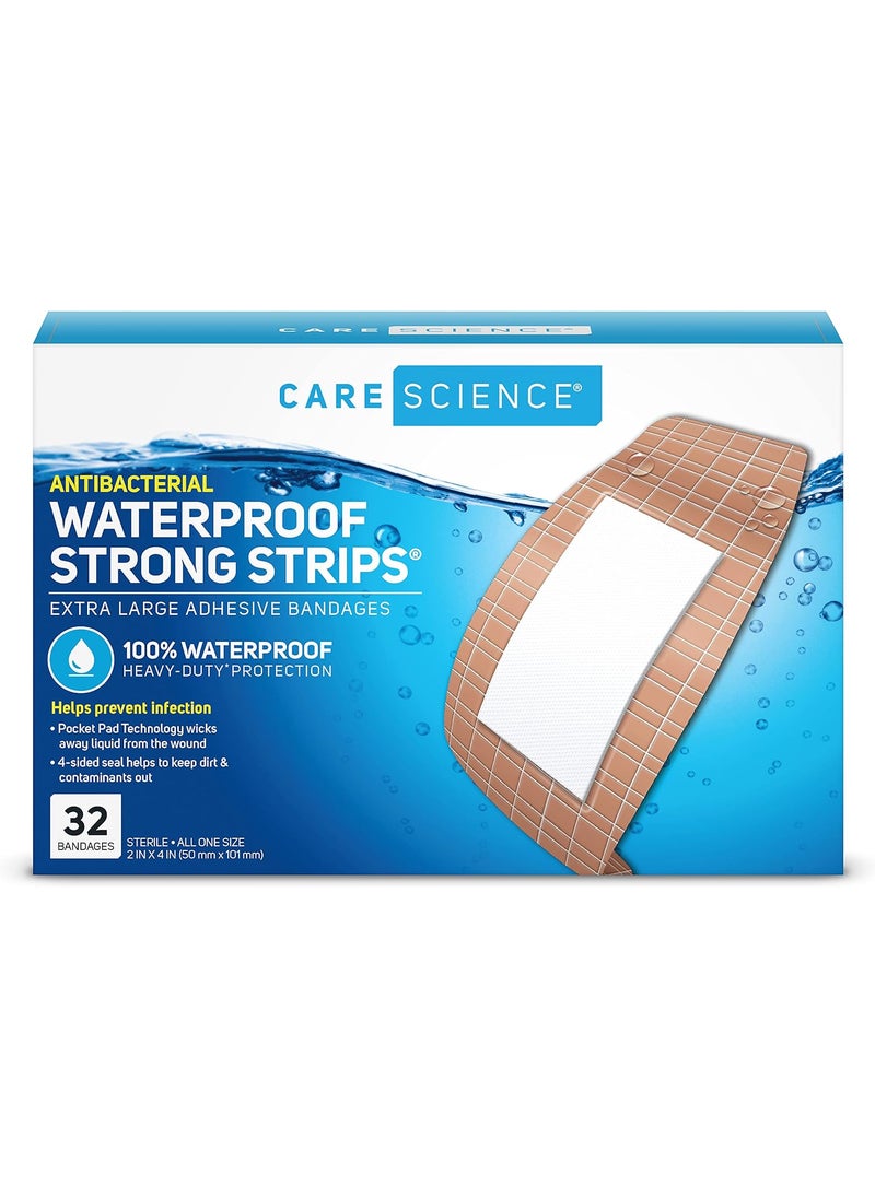 Care Science Waterproof Strong Strips Adhesive Bandages, Extra Large, 32 CT | 100% Waterproof, Heavy-Duty Protection, Helps Prevent Infection for First Aid and Wound Care