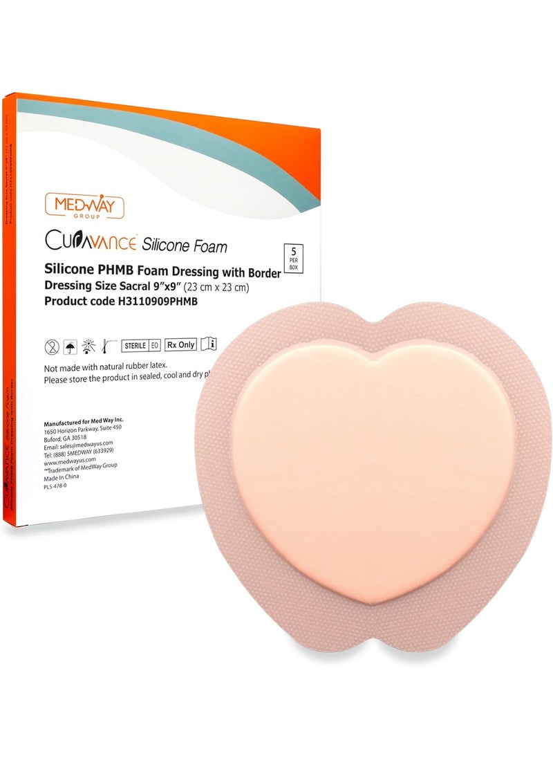 MedVance Sacral Bordered PHMB Silicone Adhesive Foam Wound Dressing, Bed Sore Treatment Bandage for Sacrum, Size 9