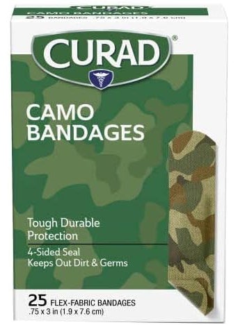 CURAD Green Camo Flex-Fabric Adhesive Bandages, 0.75 x 3 Inches, Box of 25