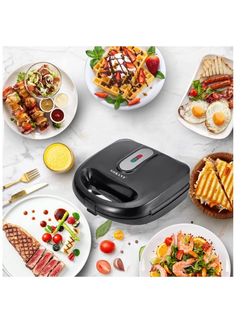 Sokany 6-in-1 Sandwich, Grill, Waffle, Donut, Nutty & Shell Maker – 750W Non-Stick Snack Machine with Detachable Plates (SK-908, Black/Silver)