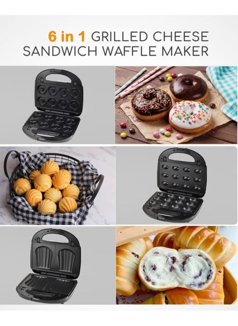 Sokany 6-in-1 Sandwich, Grill, Waffle, Donut, Nutty & Shell Maker – 750W Non-Stick Snack Machine with Detachable Plates (SK-908, Black/Silver)
