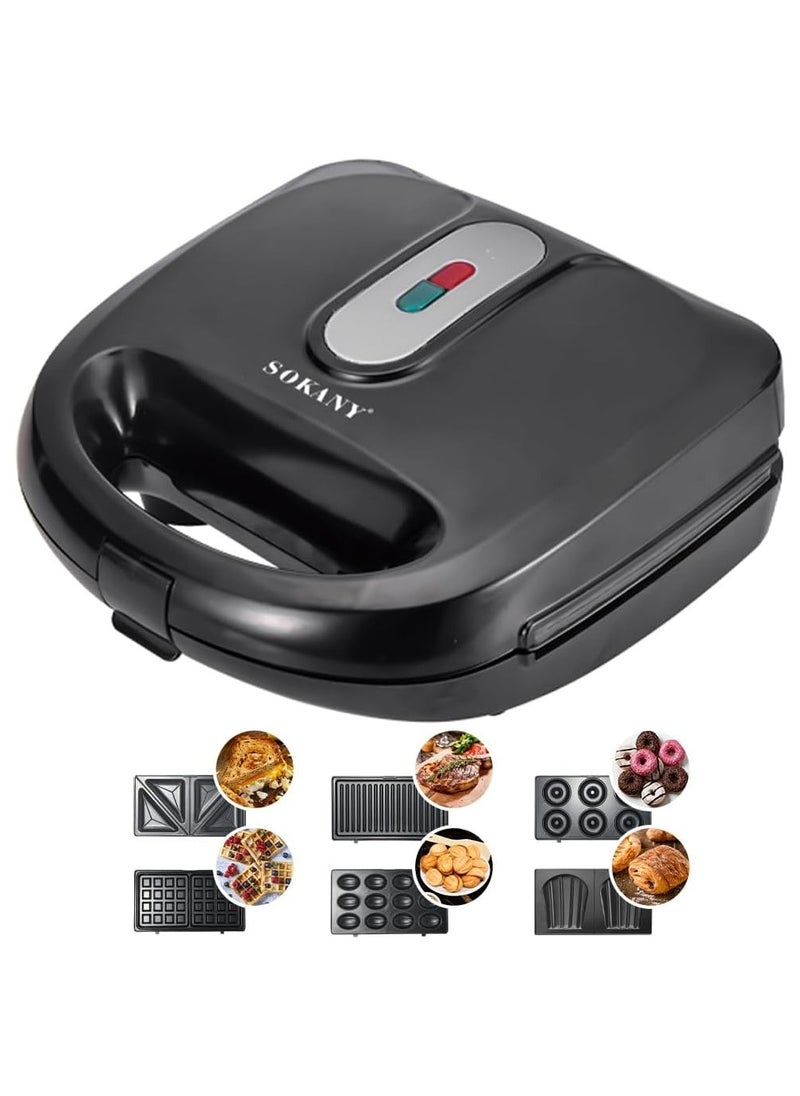 Sokany 6-in-1 Sandwich, Grill, Waffle, Donut, Nutty & Shell Maker – 750W Non-Stick Snack Machine with Detachable Plates (SK-908, Black/Silver)