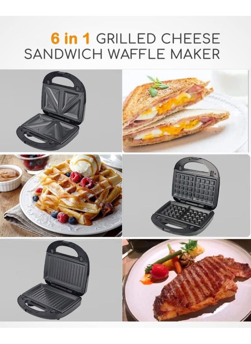 Sokany 6-in-1 Sandwich, Grill, Waffle, Donut, Nutty & Shell Maker – 750W Non-Stick Snack Machine with Detachable Plates (SK-908, Black/Silver)