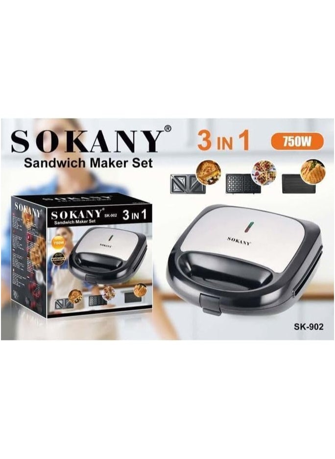 Sokany SK-902 Multi-Function Breakfast Maker – Sandwich, Waffle & Grill, 750W, Compact Design