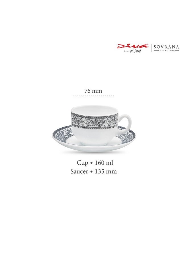 LaOpala Diva, Sovrana Collection, Opal Glass Cup & Saucer Set 12 pcs, Persian Grey, White