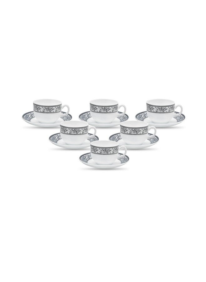 LaOpala Diva, Sovrana Collection, Opal Glass Cup & Saucer Set 12 pcs, Persian Grey, White