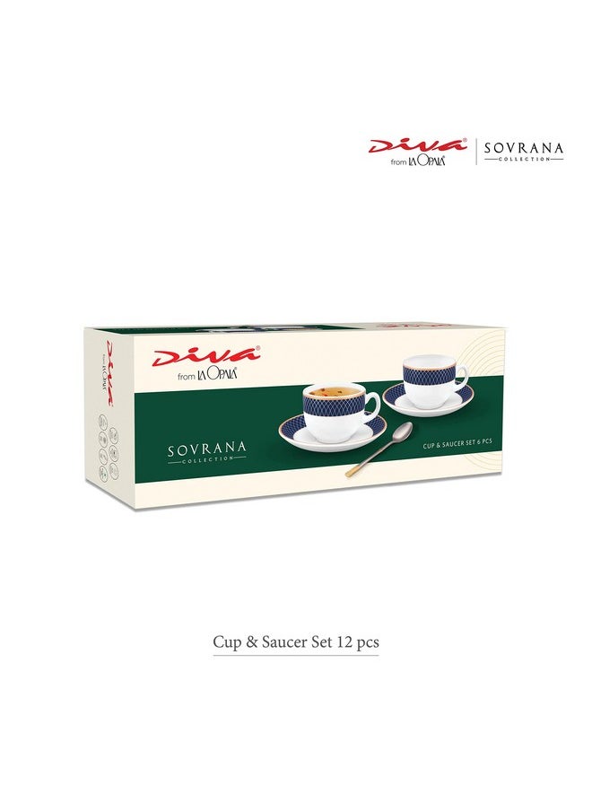LaOpala Diva, Sovrana Collection, Opal Glass Cup & Saucer Set 12 pcs, Persian Grey, White
