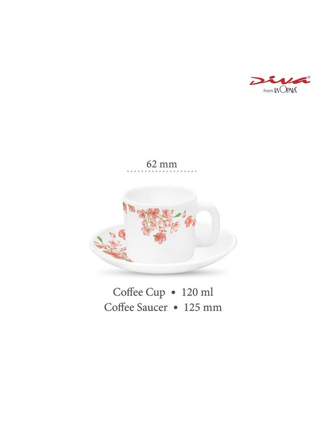 La Opala Diva, Opal Glass Crockery | Coffee Cup & Saucer Cylinder, Set of 12 | Aster Pink, 120 ml | for Tea & Coffee | Microwave Safe | 100% Vegetarian | Extra Strong | Super Light | Super White