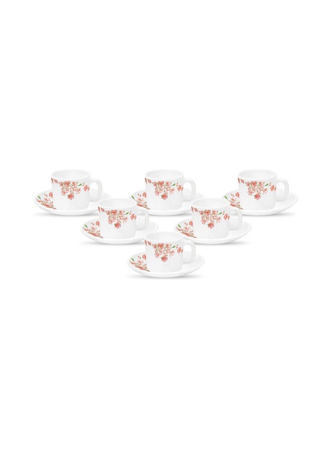 La Opala Diva, Opal Glass Crockery | Coffee Cup & Saucer Cylinder, Set of 12 | Aster Pink, 120 ml | for Tea & Coffee | Microwave Safe | 100% Vegetarian | Extra Strong | Super Light | Super White