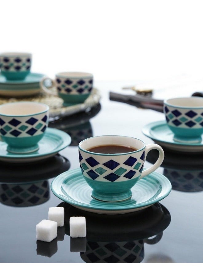 KITTENS Ceramic Tea Cup Saucer Set 6, Handpainted, Microwave and Dishwasher Safe, Blue Colour, 150ml