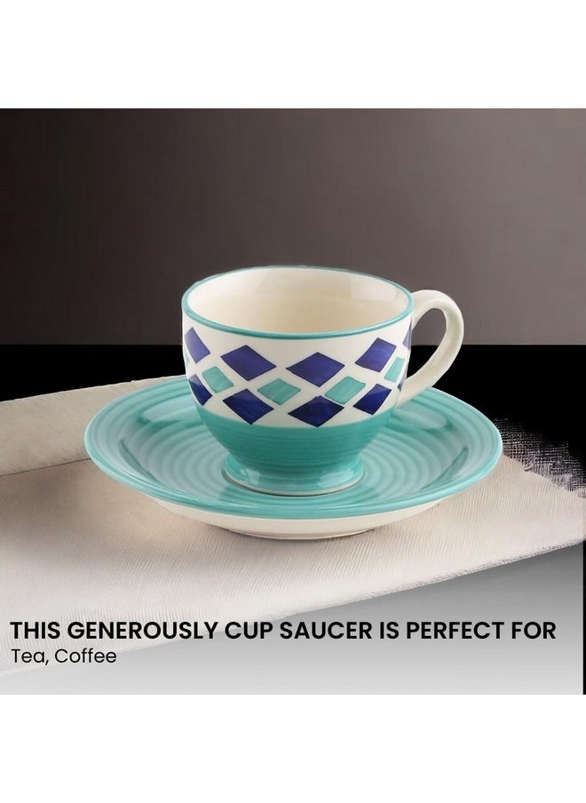 KITTENS Ceramic Tea Cup Saucer Set 6, Handpainted, Microwave and Dishwasher Safe, Blue Colour, 150ml