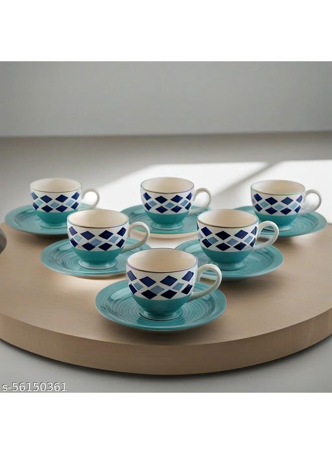 KITTENS Ceramic Tea Cup Saucer Set 6, Handpainted, Microwave and Dishwasher Safe, Blue Colour, 150ml