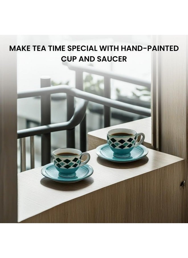 KITTENS Ceramic Tea Cup Saucer Set 6, Handpainted, Microwave and Dishwasher Safe, Blue Colour, 150ml
