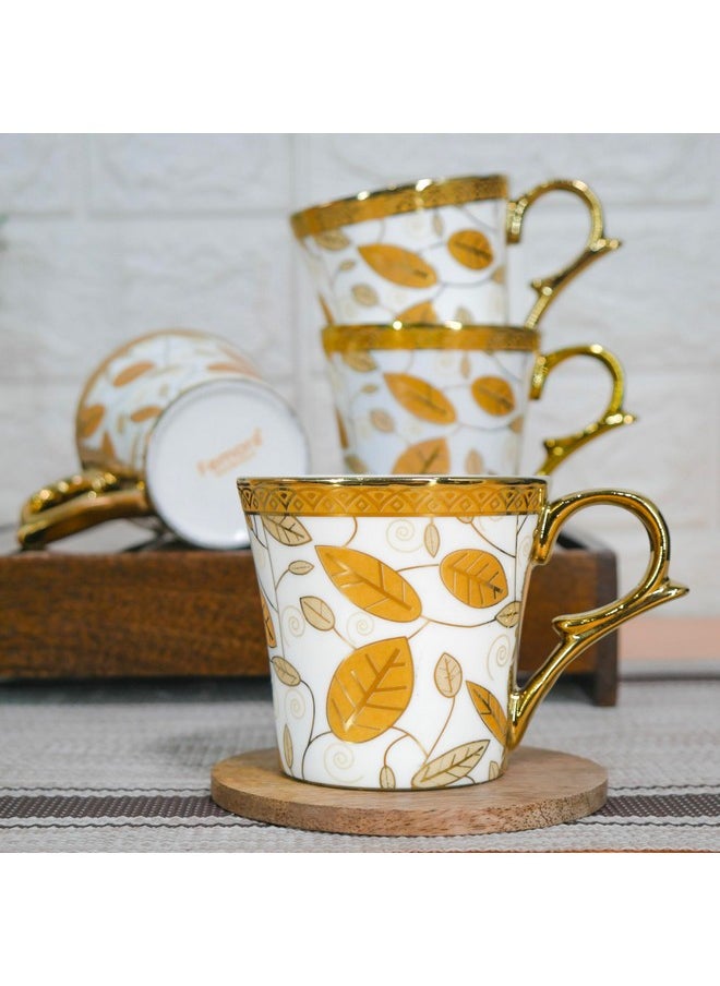Femora Premium Gold Orange Traditional Leaf Pattern Design Ceramic Coffee & Tea Cup Set of 4, 160 ML