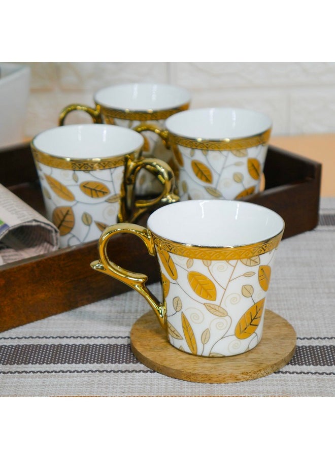 Femora Premium Gold Orange Traditional Leaf Pattern Design Ceramic Coffee & Tea Cup Set of 4, 160 ML