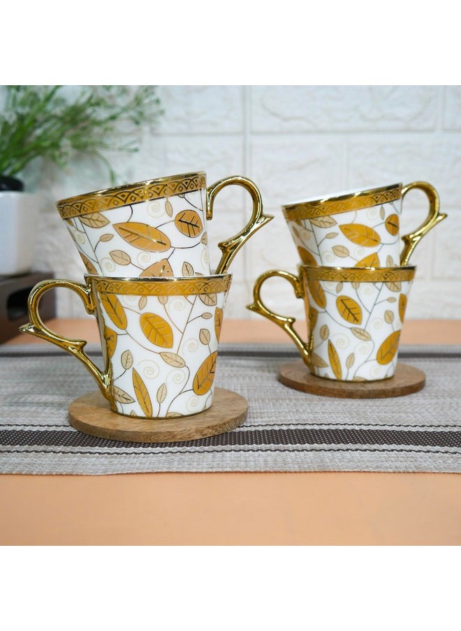 Femora Premium Gold Orange Traditional Leaf Pattern Design Ceramic Coffee & Tea Cup Set of 4, 160 ML