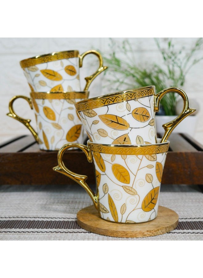 Femora Premium Gold Orange Traditional Leaf Pattern Design Ceramic Coffee & Tea Cup Set of 4, 160 ML