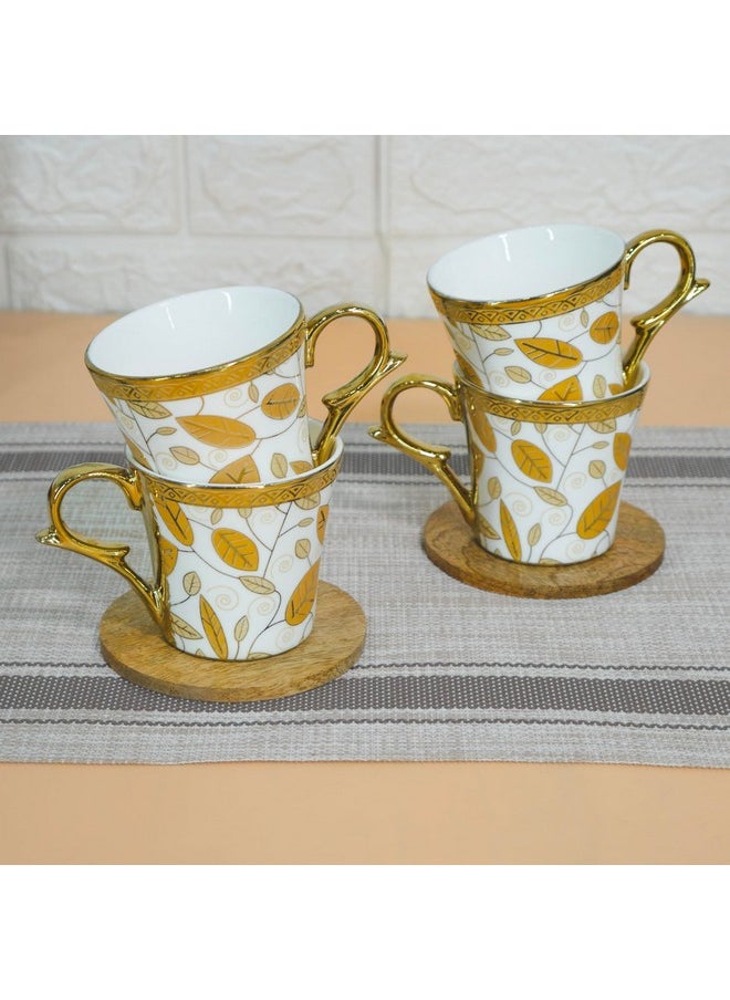Femora Premium Gold Orange Traditional Leaf Pattern Design Ceramic Coffee & Tea Cup Set of 4, 160 ML