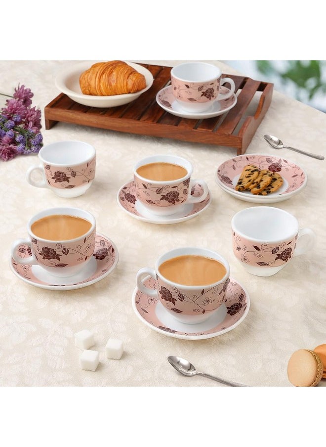 Larah by Borosil Rosa Brown Opalware Cup and Saucer Set of 12 pcs | Tea/Coffee Cups 220 ml | Microwave & Dishwasher Safe | Bone-Ash Free | Crockery Set Ideal for Daily Use & Gifting, White