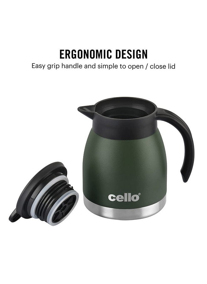 Cello Duro Pot | Hot and Cold Flask | Vacuum Insulated Teapot | Durable DTP Coating |Vacuum Insulated Bottle for Travel, Home, Office, School | 600ml, Green