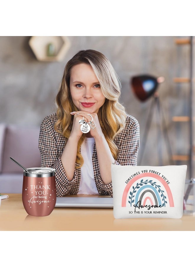 Sieral Thank You Gifts for Women Christmas Employee Appreciation Gifts Thank You for Being Awesome 12oz Stainless Steel Tumbler Keychain Makeup Bag for Team Coworker Staff(Rainbow)